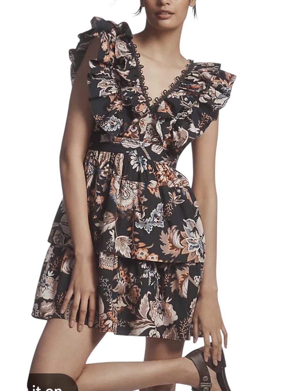 Anthropologie Floral Ruffle Mini Dress in Black and Peach
